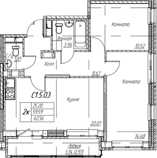2-комнатная квартира 62.56 м², 5/22 эт., ЖК «Парк-квартал Юнтолово»